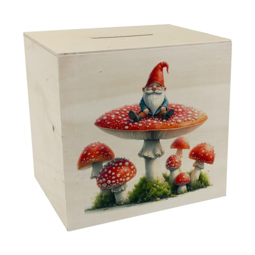 Gartenzwerg auf einem Fliegenpilz Spardose aus Holz Gartenfigur Zwerg auf Pilz Rote Weiß Statue Dekorative Spardose aus Holz für den Gartenfan oder zum Sparen von speecheese