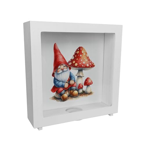 Gartenzwerg mit Fliegenpilz Rahmen Spardose aus Holz Charmante Gartenfigur Rot-Weißer Zwerg Pilz Statue Dekorative Rahmen Spardose aus Holz für Gartenliebhaber von speecheese
