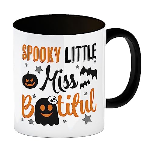 Geister Kaffeebecher in schwarz mit Spruch- Spooky little Miss Bootiful gruselige Tasse zur Halloweenparty für Mädchengruselig Kakao Kaffeetasse Herbst Geist oder Halloween von speecheese