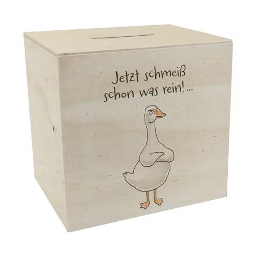 Gilbert die Gans Spardose aus Holz mit Spruch Jetzt schmeiß Schon was rein EIN lustiges Sparschwein für den Schreibtisch lustige Pechvogel Sparbüchse Männer Spruch witzige Comic von speecheese