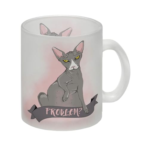 Glas Tasse mit böse schauender Nacktkatze und Spruch Psycho/Problem? eine lustige Geschenkidee für einen Katzenliebhaber der auch etwas besonders ist, so wie Katzen eben auch Glas von speecheese