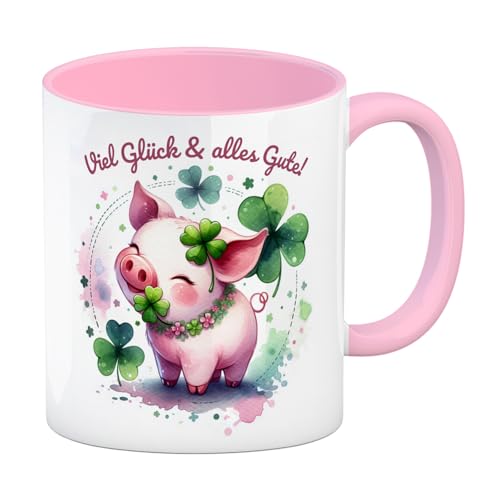 Glücksschwein Kaffeebecher in rosa mit Spruch Spruch Viel Glück & alles Gute! Fröhliches Tier-Design Kleeblatt Tasse Grün Ideal als Glücksbringer Glücksschwein Pflanze Glückstasse von speecheese