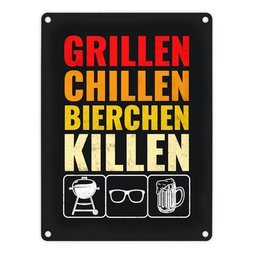 Grillen Chillen Bierchen Killen Metallschild mit Grill- Sonnenbrille- und Biermotiv von speecheese