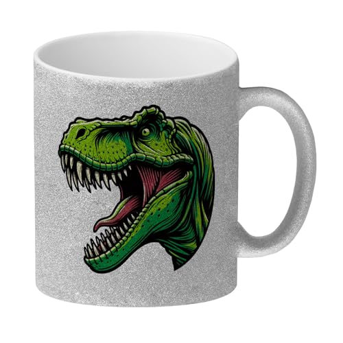 Grüner T-Rex Dinosaurier Glitzer-Kaffeebecher T-Rex Tasse Design in Grün Tyrannosaurus mit großem Maul Prähistorischer Dinosaurier Glitzer-Kaffeebecher von speecheese