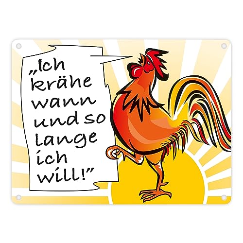 Hahn Metallschild in 15x20 cm mit Spruch: Ich krähe wann und solange ich will! Hühner Eier Selbstversorger Freiheit Schild Hahn Aluschild Maulkorb Blechschild eigene Meinung für von speecheese