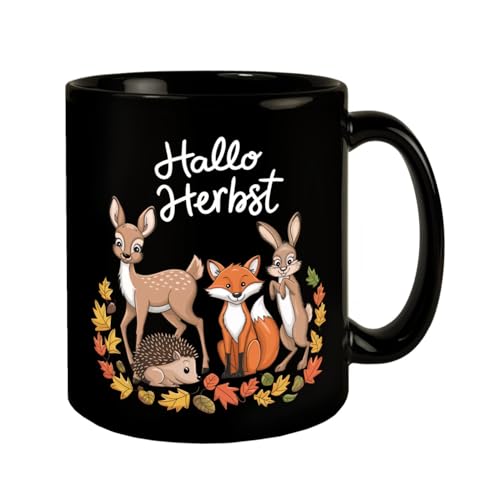 Hallo Herbst Tasse - Herbstliche Waldszene mit Tieren schwarzer Kaffeebecher mit Reh Illustration Fuchs und Igel Hallo Herbst Tasse - Herbstliche Waldszene mit Tieren schwarzer Kaffeebecher mit Reh Illustration Fuchs und Igel von speecheese