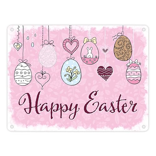 Happy Easter Ostern Metallschild in 15x20 cm mit Ostereier-Motiv in rosa als schöne Frühlings- oder Osterdekoration für Haus und Garten und um deinen Besuch willkommen zu heißen von speecheese