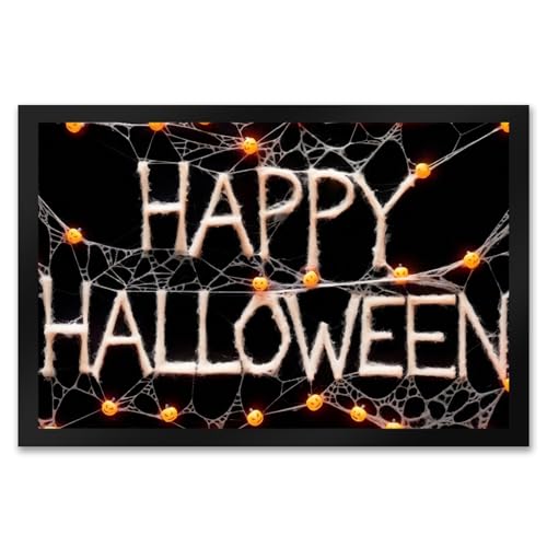 Happy Halloween Fußmatte XXL in 50x75 cm mit Spinnennetzen Design mit schwarzem Hintergrund Spinnennetzen Text orangefarbene Kürbisse Spinnenweben von speecheese