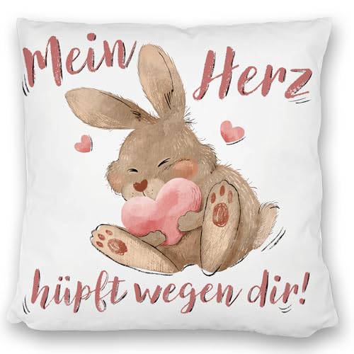 Hase Kissen satiniert mit Spruch Mein Herz hüpft wegen dir Kaninchen Valentinstag Liebe Romantik Bett Liebesbote Valentinsgeschenk von speecheese