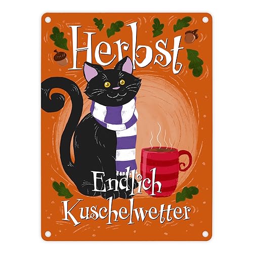 Herbst - Endlich Kuschelwetter Metallschild in 15x20 cm mit schwarzer Katze ein originelles Blechschild als hübsche Dekoration zur Herbstzeit für Freunde und Katzenliebhaber von speecheese
