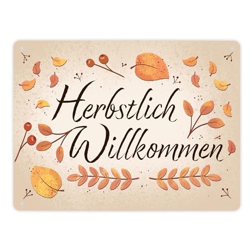 Herbstlich Willkommen Metallschild XL in 21x28 cm mit bunten Blättern schönes Blechschild für den Herbst mit Laub und Beeren verziert um Freunde im Herbst willkommen zu heißen von speecheese