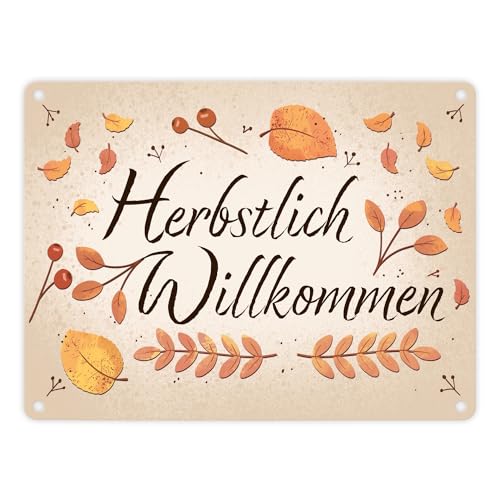 Herbstlich Willkommen Metallschild in 15x20 cm mit bunten Blättern schönes Blechschild für den Herbst mit Laub und Beeren verziert um Freunde im Herbst willkommen zu heißen von speecheese