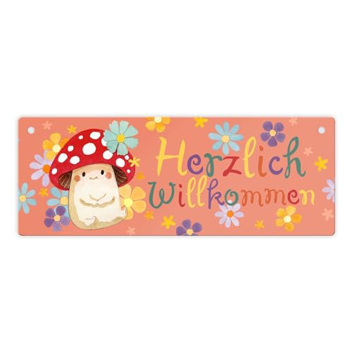 Herzlich Willkommen Metallschild L in 10,5x28cm mit Fliegenpilz und Blumenhintergrund ein buntes Schild für den Eingangsbereich Pilz Motiv Kinder Geburtstag Aluminiumblech Natur von speecheese