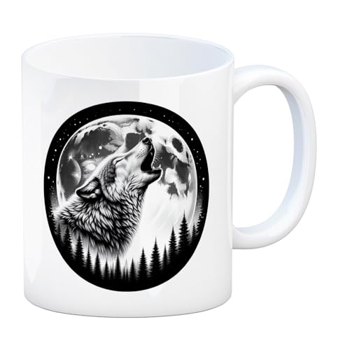 Heulender Wolf im Mondschein Kaffeebecher Heulendes Wildtier bei Vollmond Natur Nacht Motiv Mondlicht Wolf Tasse Tier Kaffeebecher von speecheese