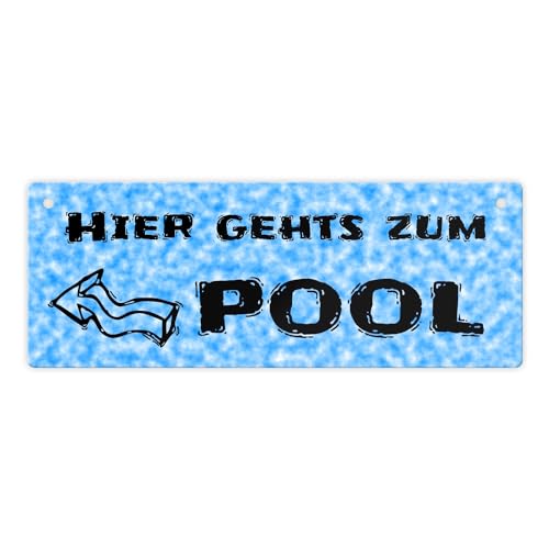 Hier geht’s zum Pool mit Pfeil nach links - Metallschild Badeanstalt Beach schwimmen Planschbecken Wegweiser Ufer Badestrand Küste Nacktbadestrand Swimming-Pool Schwimmbecken von speecheese