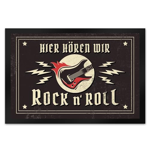 Hier hören wir Rock n' Roll Fußmatte XL in 40x60 cm mit Gitarren Motiv für echte Rock und Rockabilly Fans im Vintage Look als Geschenkidee zur Einweihung Musik Album Alternative von speecheese