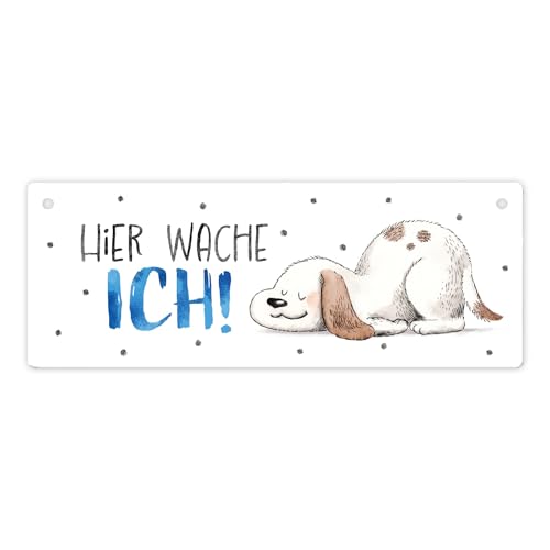 Hier wache ich Hund Metallschild L in 10,5x28cm ein niedliches Schild für Hundebesitzer lustiges Metallschild L in 10,5x28cm schlafender Hunde Warnschild Blechschild Hundemensch von speecheese