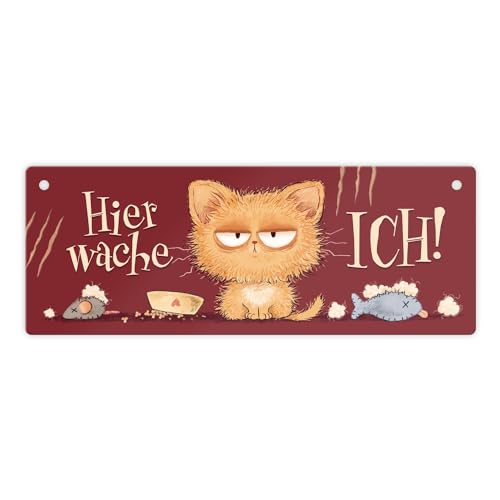 Hier wache ich Katze Metallschild ein buntes Schild für Katzenbesitzer lustiges Metallschild Frauen Geburtstag rote Spruch Blechschild Zerstörungswut Warnschild von speecheese