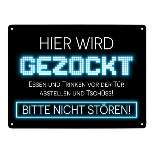 Hier wird gezockt Metallschild XXL in 28x38 cm für Gamer in blau lustige Geschenkidee für Jungen und Mädchen die Computerspiele lieben und am liebsten den ganzen Tag zocken würden von speecheese