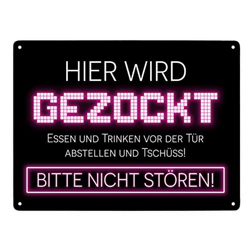 Hier wird gezockt Metallschild XXL in 28x38 cm für Gamer in pink lustige Geschenkidee für Jungen und Mädchen die Computerspiele lieben und am liebsten den ganzen Tag zocken würden von speecheese