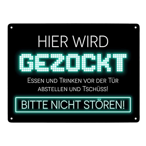 Hier wird gezockt Metallschild XXL in 28x38 cm für Gamer in türkis lustige Geschenkidee für Jungen und Mädchen die Computerspiele lieben und am liebsten den ganzen Tag zocken von speecheese