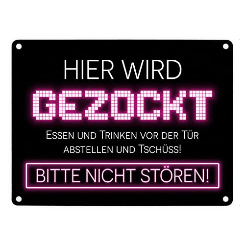 Hier wird gezockt Metallschild in 15x20 cm für Gamer in pink lustige Geschenkidee für Jungen und Mädchen die Computerspiele lieben und am liebsten den ganzen Tag zocken würden von speecheese