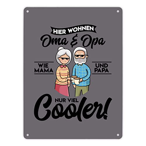 Hier wohnen Oma & Opa Metallschild XL in 21x28 cm in grau für deine Großeltern Wie Mama und Papa nur viel cooler Cool Geburtstag Blechschild Rentner lustig von speecheese