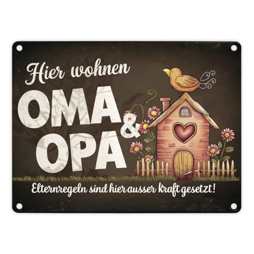 Hier wohnen Oma und Opa - Metallschild in 15x20 cm - Elternregeln außer Kraft Ein Zuhause für Großeltern Dunkle Töne für eine elegante Note von speecheese