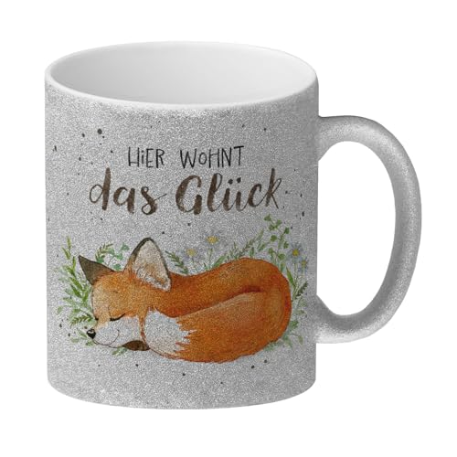 Hier wohnt das Glück Glitzer-Kaffeebecher mit Fuchs im Aquarell-Stil eine herbstliche Tasse für die Arbeit Motiv Frauen Geburtstag Aquarell Natur Kaffeetasse Zeichnung schlafender von speecheese