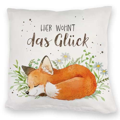 Hier wohnt das Glück Kuschelkissen mit Fuchs im Aquarell-Stil EIN buntes Herbst DekoKuschelkissen für die Couch Geburtstag Wald Natur Spruch Waldtiere Träumen Sofa Frauen Sprüche von speecheese