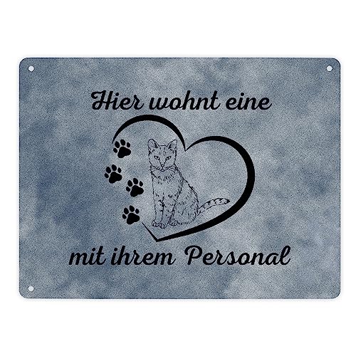 Hier wohnt eine Katze mit ihrem Personal Metallschild XL in 21x28 cm ein dekoratives Blechschild für Tierliebhaber Haustiere Dog von speecheese