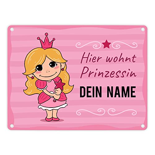 Hier wohnt eine Prinzessin Metallschild fürs Kinderzimmer - personalisiert mit deinem Namen - Geschenkidee für kleine Tochter die gerne in einem Schloss oder einer Burg leben würde und Kleider liebt von speecheese