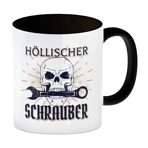 Höllischer Schrauber Kaffeebecher Schwarz mit Totenkopf und Schraubenschlüssel Motiv Geschenk für echte Bastler leidenschaftliche Tüftler sowie Schrauber die ihren Kaffee gerne in von speecheese