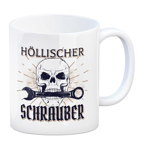 Höllischer Schrauber Kaffeebecher mit Totenkopf und Schraubenschlüssel Motiv Geschenk für echte Bastler leidenschaftliche Tüftler sowie Schrauber die ihren Kaffee gerne in der von speecheese