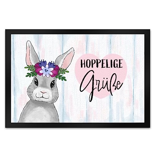 Hoppelige Grüße Fußmatte XL in 40x60 cm mit süßem Osterhase und Blumen als schöne Dekoration zu Ostern für die Haustür um den Besuch auf osterliche Art zu begrüßen und Willkommen von speecheese