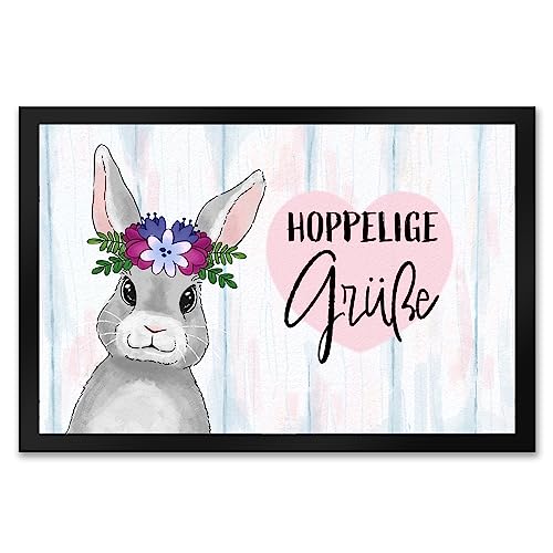 Hoppelige Grüße Fußmatte XXL in 50x75 cm mit süßem Osterhase und Blumen als schöne Dekoration zu Ostern für die Haustür um den Besuch auf osterliche Art zu begrüßen und Willkommen von speecheese