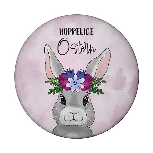 Hoppelige Ostern Magnet rund mit süßem Osterhasen als Osterdeko und zum Anpinnen von Notizen am Kühlschrank zur Osterzeit um die Wohnung zum Frühling zu dekorieren von speecheese