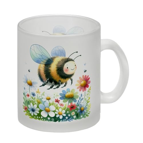 Hummel auf Blumenwiese Glas Tasse Dickes Insekt Tasse mit Fliegender Hummel Motiven Pollen-Sammelnde Insekten auf Blumenwiese - Natur Pur Design von speecheese