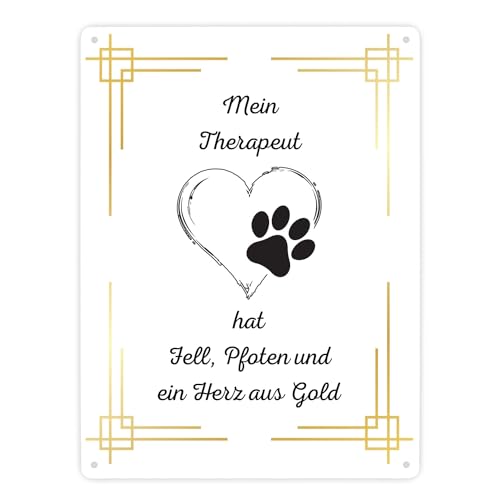 Hund Metallschild XXL in 28x38 cm ein dekoratives Blechschild für Tierliebhaber Mein Therapeut hat Fell Pfoten und ein Herz aus Gold Tiere Hund schön von speecheese