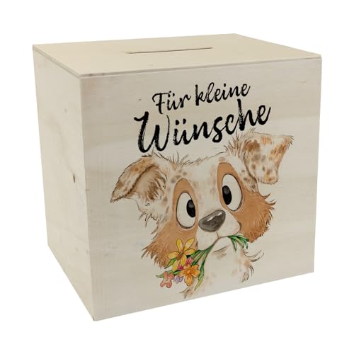 Hund Spardose aus Holz mit Spruch Für kleine Wünsche Geburtstagsgeschenk für Hundemensch Niedlicher Welpe Blumen Design Aussies Freund von speecheese