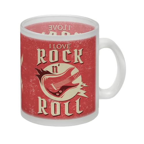 I Love Rock 'n' Roll Glas Tasse mit Gitarren Motiv im rustikalen Stil als Geschenkidee für Freunde des Rock und Rockabilly Glas Tasse Wer eine Geschenkidee für echte Rocker unter von speecheese