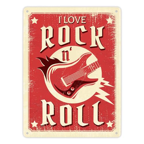 I Love Rock 'n' Roll Metallschild XL in 21x28 cm mit Gitarre für echte Rocker und Rockabilly Fans als Geschenkidee für die Wohnungseinweihung Musik Indie Alternative von speecheese