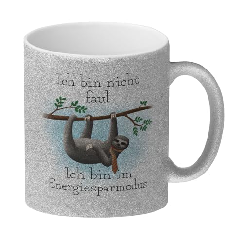 Ich bin nicht faul - Ich bin im Energiesparmodu Faultier Glitzer-Kaffeebecher witziges Geschenk Tasse für das Büro als lustige Geschenkidee für Kollegen die Arbeit nur sehr langsam von speecheese