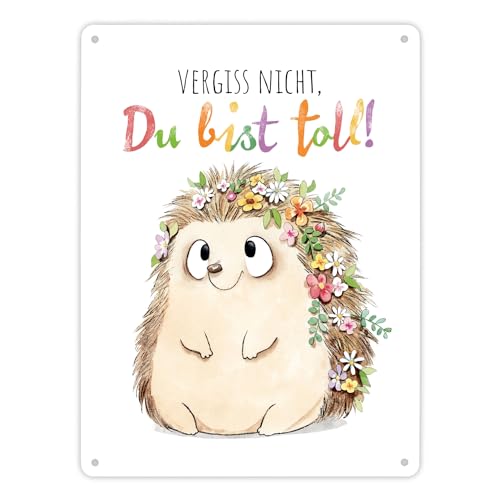 Igel Metallschild XL in 21x28 cm mit Spruch Vergiss nicht Du bist toll Wanddeko Geschenk Farbenfroh Freundlich Blümchenmotiv Wertschätzend zum 50 Hochzeitstag von speecheese