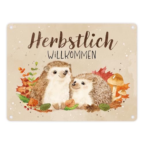 Igel Paar Metallschild in 15x20 cm mit Spruch Herbstlich Willkommen ein farbenfrohes Schild für Naturliebhaber Aquarell Zeichnung Frauen Geburtstag Natur Blechschild Herbstliches von speecheese