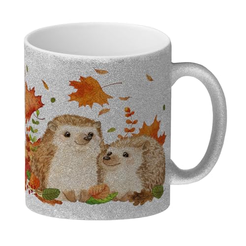 Igel im Herbst Glitzer-Kaffeebecher im Aquarell Stil eine bunte Tasse für die Arbeit mit Motiv Frauen Geburtstag Natur Kaffeetasse Zeichnung Waldtieren Becher Laub von speecheese