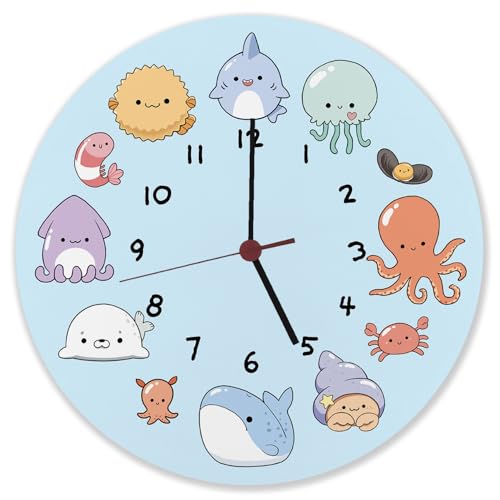 Jelly & Friends Kinderuhr mit süßen Meerestieren Wanduhr aus Alu mit Kawaii Tieren Baby-Qualle Tintenfisch Oktopus und Robbe Jelly & Friends Kinderuhr mit süßen Meerestieren Wanduhr aus Alu mit Kawaii Tieren Baby-Qualle Tintenfisch Oktopus und Robbe von speecheese