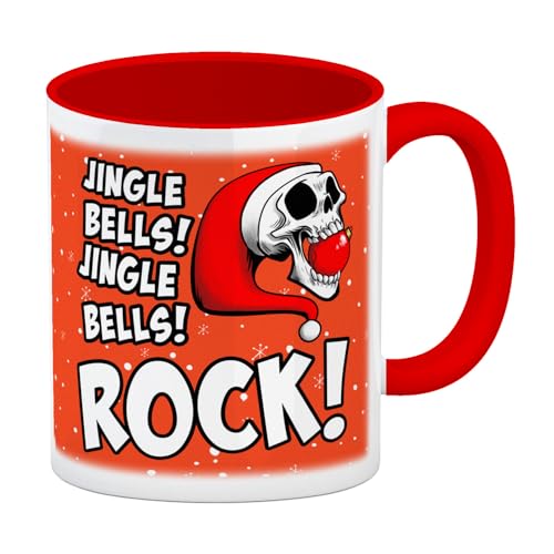 Jingle Bells Rock Weihnachten Kaffeebecher Rot mit Totenkopf als Geschenkidee zu Weihnachten für echte Rock n' Roll Fans die selbst am Fest ihre Musik hören Kaffeebecher Rot Rot von speecheese