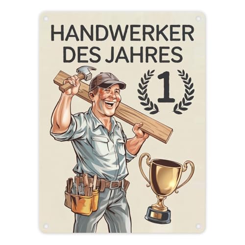 Jubelnder Handwerker - Handwerker des Jahres Metallschild in 15x20 cm im Vintage-Stil Illustration mit Hammer Holzbrett Arbeitshemd für echte Profis von speecheese