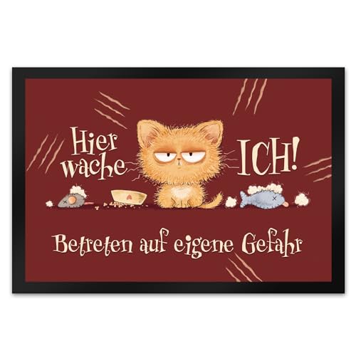 Katze Fußmatte XL in 40x60 cm mit Spruch Hier wache ich Eigene Gefahr Grumpy Kater Warnschild Cat Garten Deko Ideal für Katzenmenschen von speecheese